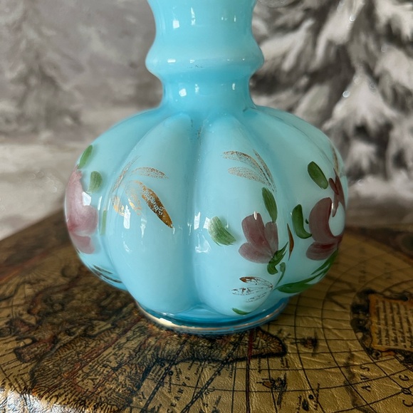 Vintage Blue Hand-Painted Glass Bottle Vase Floral Ruffled Rim No Stopper - Picture 10 of 10